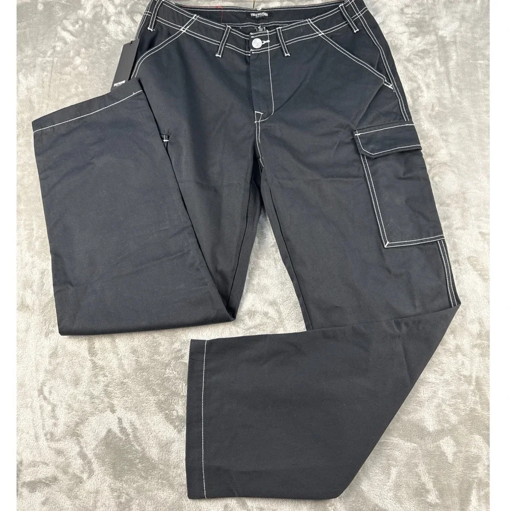 True Religion Cargo Pants Mens 34 Jet Black Contrast Stitch NEW